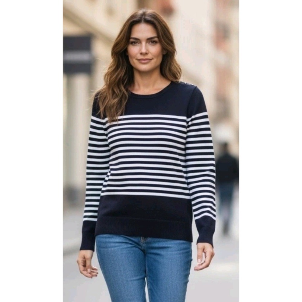 Active USA Navy Blue & White Striped Women's Sweater M NWOT Nautical